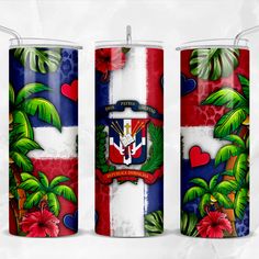 three red, white and blue cans with the flag of fiji painted on them are next to each other