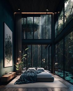 a large bed sitting in the middle of a bedroom next to a tall glass wall