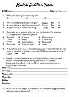 Digital Theatre Audition Form for Plays and Musical Actors and Crew Parent Teacher Documentation Form, Theatre Audition, Theater Classroom, Kids Theatre, Theater Teacher, Audition Tips, Teacher Documentation