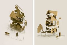 two pictures with different types of houses in the same image and one is made out of wood