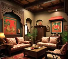 a living room with couches, chairs and paintings on the wall in it's corner