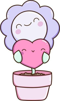 a pink flower pot with a heart shaped plant in it's center and eyes closed