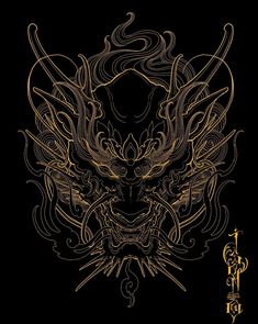 a drawing of a demon face on a black background with gold lines and swirls