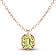 Elegant, colorful, and designed for your every mood. This delicate 10K rose gold women's necklace, from the Juliette Maison™ collection, is enlivened with dazzling natural peridot gemstones. The 18-inch cable chain secures in place with a lobster clasp. Diamond Solitaire Earrings, Women's Necklace, Gold Book, Peridot Pendant, Jared The Galleria Of Jewelry, Necklace Clasps, Peridot Stone, Gold Necklace Women, Peridot Gemstone