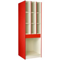 a red and white book shelf with shelves