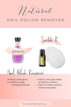 Here's a natural way to remover nail polish remover that is easy, healthy and non-toxic. 

We were recently in Colorado, and I didn't have nail polish remover, so I grabbed my Lemongrass essential oil and a cotton ball, and quickly rubbed away the rest of the polish.
It worked really well, 
although it does take a little more rubbing to remove all of it. Essential Oil To Remove Nail Polish, Natural Nail Polish Remover, Nail Polish Remover Substitute, Chemical Free Nail Polish, Diy Nail Polish Remover, Crunchy Life, Non Toxic Nail Polish