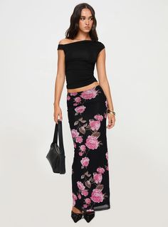 Modalla Maxi Skirt Black Floral Pink Formal Dresses, Fleece Dress, Skirt Floral, Floral Maxi Skirt, Outerwear Outfit, Strapless Tops, Curve Dresses, Casual Tank Tops, Mesh Material