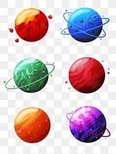 four planets with different colors and shapes on the bottom, including one in red, one in