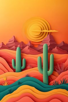 an abstract desert scene with cactus, mountains and sun in the background is featured in this paper cut style