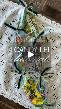 some candy and candies on a doily with the words candy le special written above them