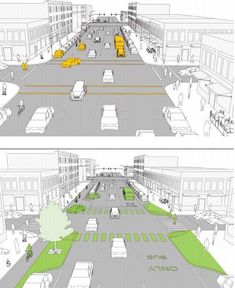 two renderings of an intersection with cars and people walking on the sidewalk in front of them