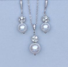 Pearl Bridal Jewelry Set, Pavè Crystal Earrings and Necklace Set, Wedding Jewelry Set,  Bridal acces Silver Pearl Bridal Sets For Formal Occasions, Formal Silver Pearl Bridal Sets, Elegant Pearl Bridal Sets With Pearl Drop, Elegant Pearl Bridal Sets For Formal Occasion, Elegant White Bridal Sets With Pearl Drop, Elegant Pearl Bridal Sets For Weddings, Elegant Pearl Drop Bridal Set For Wedding, White Pearl Drop Bridal Sets For Wedding, Classic White Jewelry Sets For Wedding