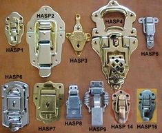 several different types of metal hardware on a wooden surface with words describing the parts and names