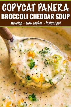 broccoli cheddar soup in a bowl with a wooden spoon on top