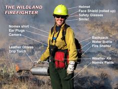 a firefighter standing in the grass with his gear and equipment labeled on it's chest