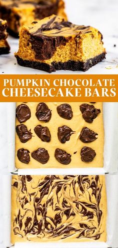 pumpkin chocolate chip cheesecake bars with text overlay