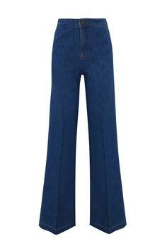 women's denim trousers: cotton denim high waist zip and button closure french pockets welt pocket on the back medium stone wash wide line regular fit ironed crease tailored design composition: 100% cotton pocket lining: 52% polyester, 48% cotton Straight-leg Denim Bottoms With Multiple Pockets, Denim Blue Pull-on Tapered Leg Bottoms, Non-stretch Cotton Denim Blue Bottoms, Full-length Denim Pants With Button Closure, Denim Blue Pull-on Wide Leg Bottoms, Elegant Lingerie, Barbour Steve Mcqueen, Composition Design, Tailored Design