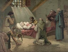 an old painting of a man laying in bed with other people around him and looking at him