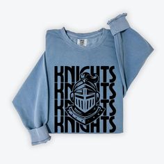 Knights Sweatshirt, Comfort Colors, Knights Mascot, Knights Shirt, Back to School, retro Knights Graphic, Knights Football, Knights Gameday, Go Knights, First Day of School, Fall Sweatshirt, Knights Merch, Knights Team Luxurious comfort and style are what this unisex, garment-dyed sweatshirt is all about. It's made with 80% ring-spun cotton and 20% polyester and the fabric is 3-end garment-dyed, ring-spun, color-blast fleece with a 100% cotton face. Each sweatshirt comes with a relaxed fit, a ro Letter Print Crew Top For Fan Merchandise, Retro Crew Neck Top With Lettering, Retro Crew Neck Top With Letter Print, Crew Neck Tops With Lettering For Fan Merchandise, Fan Merchandise Crew Neck Top With Lettering, Retro Crew Neck Pre-shrunk Top, Vintage Long Sleeve Tops With Lettering, Vintage Crew Neck Top With Graphic Print, Vintage Logo Print Tops For College