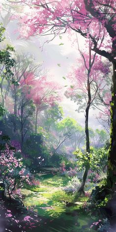 a painting of trees and flowers in the woods