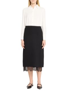 Find VINCE Lace Paneled Straight Midi Skirt on Editorialist. Vince skirt is embellished with delicate lace on the hem Sits on the natural waist Hem falls below the knee Straight silhouette Concealed zip closure Polyester Imported Straight Midi Skirt, Hamptons Outfit, Lace Midi Skirt, Paneled Skirt, Jumpsuit Men, Pencil Skirt Black, Black Midi Skirt, Lace Midi, Straight Skirt