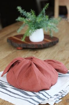 a potted plant sitting on top of a wooden table next to two napkins