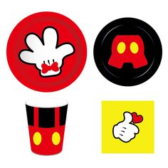 mickey mouse party supplies including plates, cups and napkins