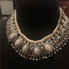 Vintage Express Statement Necklace Marble, Rhinestones, Tiny Pearls, Silver Tone Beautiful Statement Necklace To Add To Any Outfit. Perfect For Any Boho Chic Or Classic Black Dress.