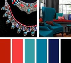 a living room with blue and red colors