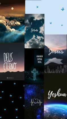 a collage of images with the words jesus written in different font styles and colors