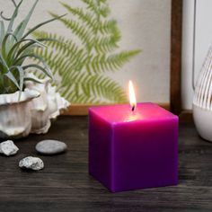 a purple candle sitting on top of a wooden table next to rocks and a potted plant