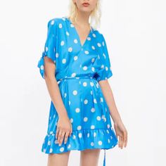 Love Love Color! Large Polka Dots Gives Vintage Feel Love Flowy Material And Tied Details Great For Picnic Or A Day At The Museum Polka Dot Short Sleeve Dress For Vacation, Polka Dot Short Sleeve Beach Dress, Polka Dot Summer Daywear Dress, Polka Dot Summer Dress For Daywear, Polka Dot Dresses For Summer Daywear, Spring Polka Dot Mini Dress With Short Sleeves, Polka Dot Short Sleeve Mini Dress For Spring, Polka Dot Short Sleeve Mini Dress For Brunch, Blue Daywear Dress With Tie Waist