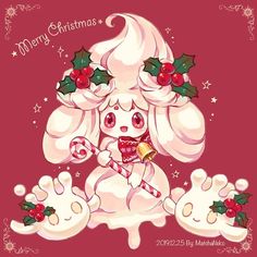 a christmas card with an image of a bunny holding candy canes and holly berries