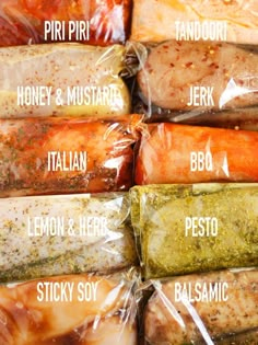 different types of meats wrapped in plastic and labeled with the words, how to cook them