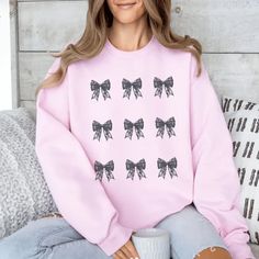 This cute bows fall trendng sweatshirt is cute in many optional colors. Fall Sweater With Bow And Long Sleeves, Long Sleeve Fall Sweater With Bow, Long Sleeve Sweater With Bow For Fall, Casual Long Sleeve Sweater With Bow, Casual Long Sleeve Bow Sweater, Cute Long Sleeve Fall Sweatshirt, Cute Long Sleeve Sweatshirt For Fall, Pink Bow Top For Fall, Trendy Fall Top With Bow