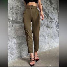 Olive Green Belted Pants. Never Worn. Belt Is Detachable Fitted Pants With Belt Loops For Day Out, Fitted Belted Bottoms For Day Out, Trendy Belted Straight Pants, Fitted Green Belted Bottoms, Casual Green Belted Pants, Trendy Belted Trousers, Green Belted High-waisted Bottoms, Green Belted High-waisted Pants, Casual Business Belted Pants