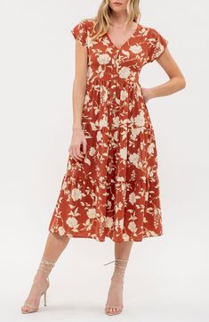 Blu Pepper Floral V-Neck Tiered Shirtdress | Nordstromrack Baseball Hat Hairstyles, Short Jean Skirt, Midi Length Dress, Shirtdress, Anniversary Sale, New Arrival Dress, Hat Hairstyles, Bottoms Pants, Midi Length