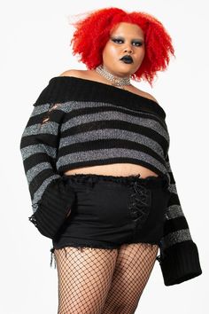 METEOR.- Soft, stretch knit.- Statement metallic knit stripes.- Bardot neckline.- Long sleeves.- Distressed detailing.- Cropped.- Fitted.Model is 5ft 8 and wears a size 4XL.with KILLSTAR branding, 77% Acrylic, 15% Polyester, 8% Metallized fibre. Plus Size Rocker, Plus Size Grunge Outfits, Plus Size Goth Clothes, Plus Size Grunge, Goth Outfit Ideas, Plus Size Goth, Knit Stripes, 2010 Fashion, Sweater Plus