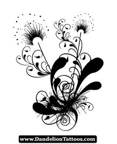 the dandelion tattoo logo is black and white with swirls, flowers, and leaves