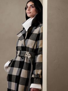 Plaid Trench Coat | Banana Republic Factory Wool Outerwear With Belt Loops For Fall, Fall Outerwear Belted For Cold Weather, Belted Outerwear For Cold Weather In Fall, Fitted Winter Outerwear With Belt Loops, Long Fall Coat With Belt Detail, Classic Belted Outerwear For Fall, Classic Fall Outerwear With Belt, Wool Outerwear With Belt Loops For Work, Fall Outerwear With Belt Loops