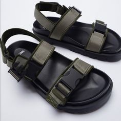 Zara Tech-Wear/Streetwear Buckle Strappy Sandals [Last One] - Size: Available In 35 ( Us 5.5 ). - Color: Khaki Green. - Low-Heeled Sandals In Green Khaki. - Sole Heights: 1.2 Inches (3cm) - Straps With Metal Piece Closure. - Adhesive Strap Closure At Ankle. Thick Sole. Green Double Strap Sandals For Summer, Green Summer Sport Sandals With Adjustable Strap, Green Sandals With Adjustable Straps For Summer, Zara Sandals With Buckle Closure For Summer, Zara Buckle Closure Sandals For Summer, Green Open Toe Zara Sandals, Zara Green Open Toe Sandals, Zara Green Sandals For Summer, Zara Mules