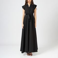 This bias-cut wrap dress is crafted from a soft fabric, falling elegantly to ankle length. The dress wraps around the body, cinching the waist with a matching tie belt, and is fitted at the bust and waist for a flattering, feminine silhouette.  The top of the dress features intricate hand embroidery, adding a delicate touch to the sleek design. It has a V-neckline, balancing the detailed embroidery with a minimalist, tailored look.  The bias cut allows the fabric to drape naturally over the body Fitted Belted Dress With Kimono Sleeves, Chic Evening Wrap Dress With Kimono Sleeves, Chic Wrap Dress With Kimono Sleeves For Evening, Elegant Maxi Dress With Tie Waist And Kimono Sleeves, Fitted Dress With Tie Waist And Kimono Sleeves, Fitted Maxi Wrap Dress For Evening, Fitted Maxi Length Wrap Dress For Evening, Belted Maxi Dress For Wedding, Spring Evening Maxi Wrap Dress