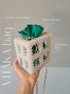 Luxury Green Box Bag As Gift, Elegant Green Pouch Box Bag, White Rectangular Clutch As Gift, Rectangular White Clutch As Gift, Luxury Handheld Box Bag For Gift, Luxury Handheld Box Bag As Gift, Elegant White Square Evening Bag, Luxury Pearl Evening Bag As Gift, White Evening Bag For Party