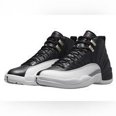 Jordan 12 Play Off New In Box Luxury Leather Jordan Sports Shoes, Luxury Leather Jordan Shoes For Sports, Classic Black Jordan Shoes With Rubber Sole, Classic Black Jordan Shoes With Contrast Sole, Classic Black High-top Jordan Shoes, Luxury Black Low-top Jordan Shoes, Luxury Black High-top Basketball Shoes, Luxury Black Leather Basketball Shoes, Classic Black Leather Jordan Shoes