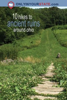 an image of a path in the grass with text overlay that reads 10 hikes to ancient ruins around ohio