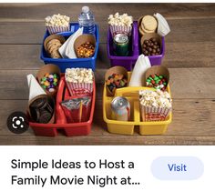 three plastic trays filled with food and candy on top of a wooden floor next to an instagram post