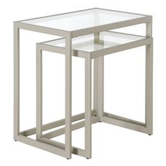 two glass tables with metal frame legs on each side, one is white and the other is silver