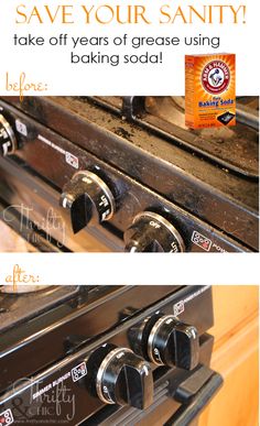 an advertisement for baking soda on top of a gas stove with the words, save your sanitiy take off years of grease using baking soda