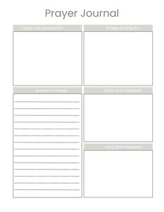 the printable prayer journal is shown in grey and white, with three sections for each page