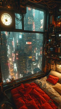 a bedroom with a view of the city at night